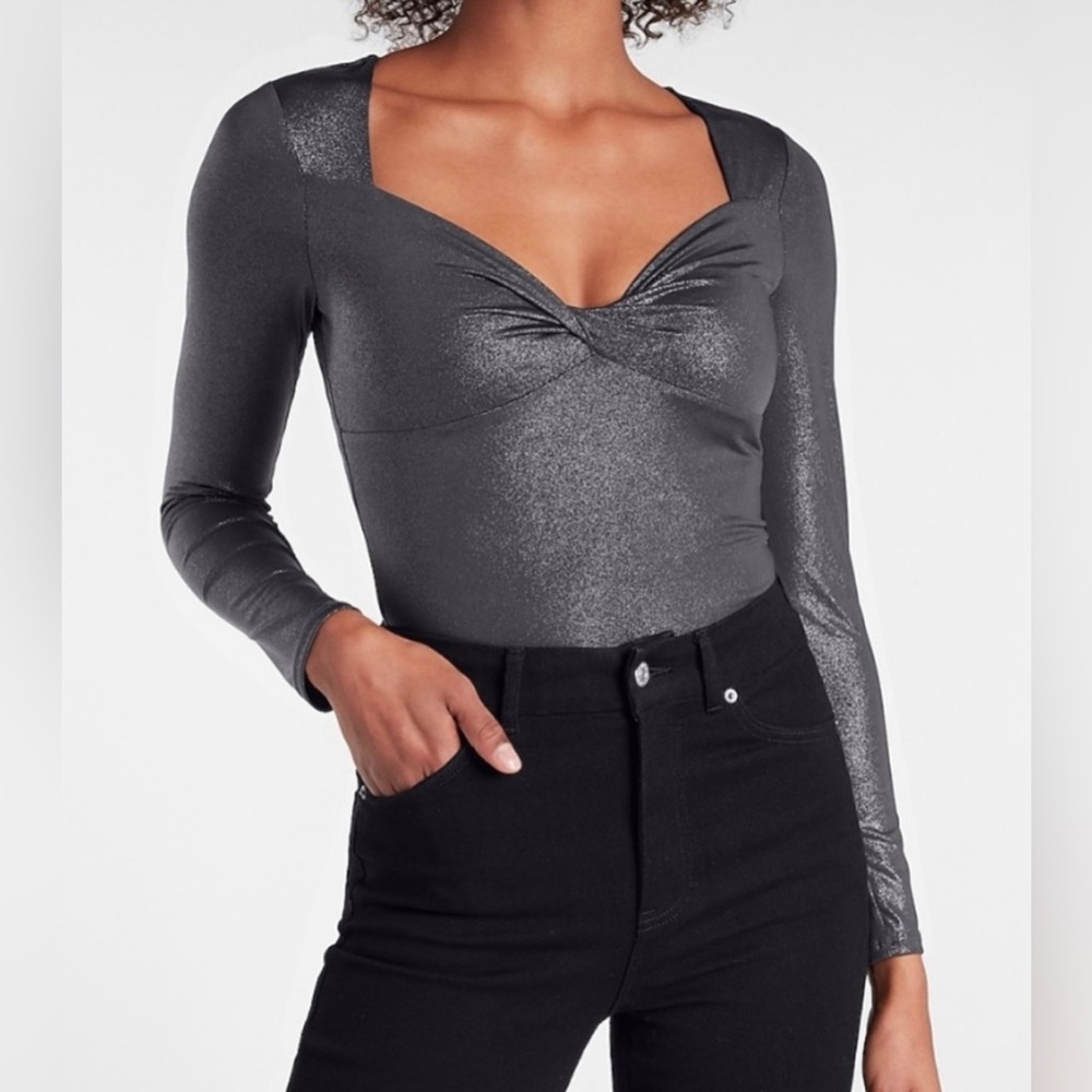Express—Metallic Body Contour Silky Twist
Front Thong Bodysuit, M, silver, NWOT